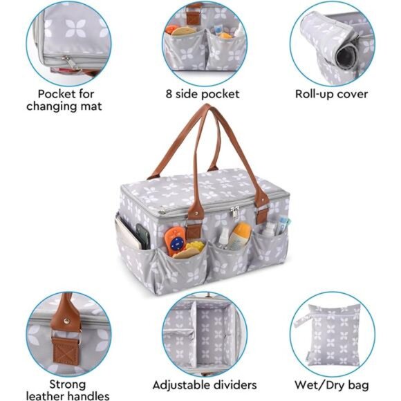 Large Baby Diaper Caddy Organizer with Lid Changing Mat Nursery Storage Tote Gre - Picture 3 of 6